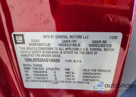 2010 Chevrolet Traverse Lt from USA, damaged, VIN 1GNLRFED8AS146659